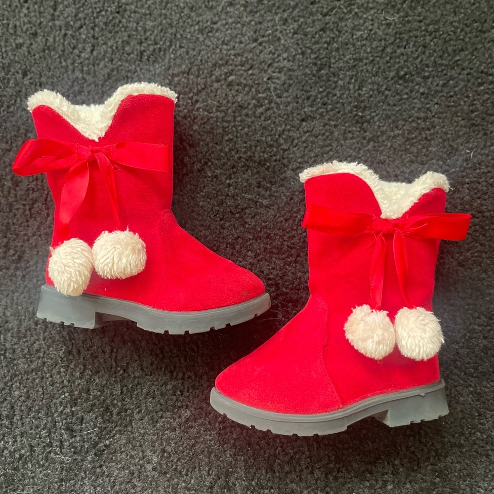 Fuzzy warm red boots with puffy ball embellishment! Perfect for Christmas dress